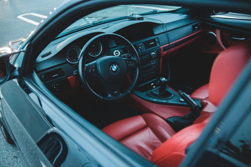 A car with red leather seats