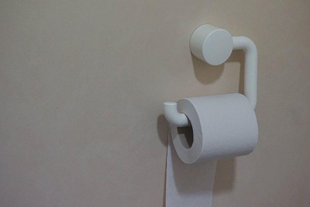 A white toilet paper on its holder